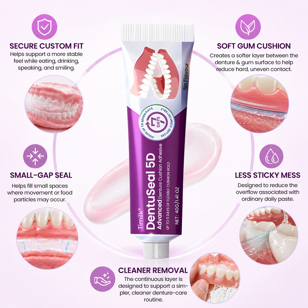 Timilk® DentuSeal 5D Advanced Denture Cushion Adhesive 🦷 Up to 5 Days of Flexible Cushion Hold