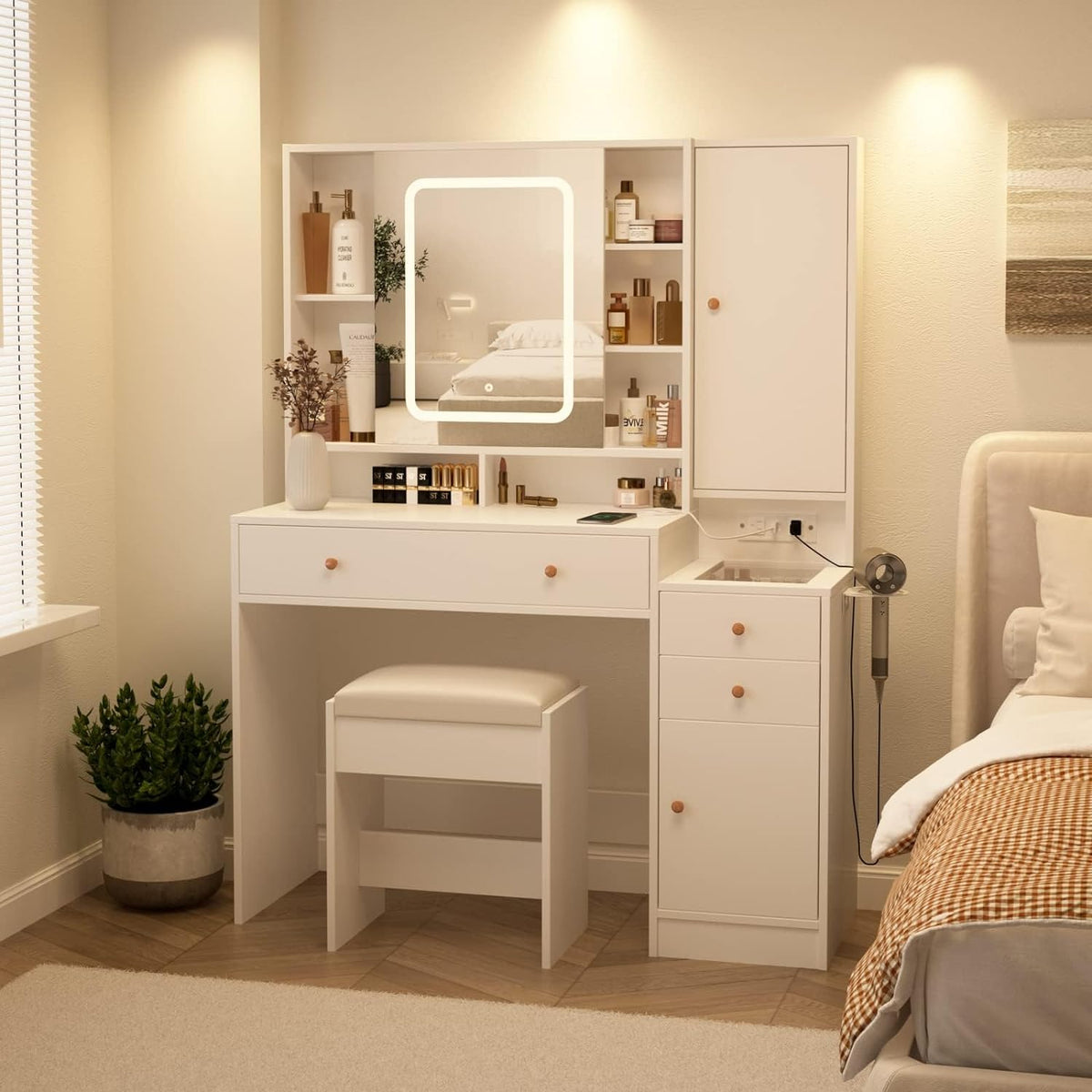 White Vanity Desk with Mirror and Lights, Vanity Table Makeup Vanity with Lights 3 Drawers and Cabinets, Charging Station & Sliding Door, Lots Storage Shelves