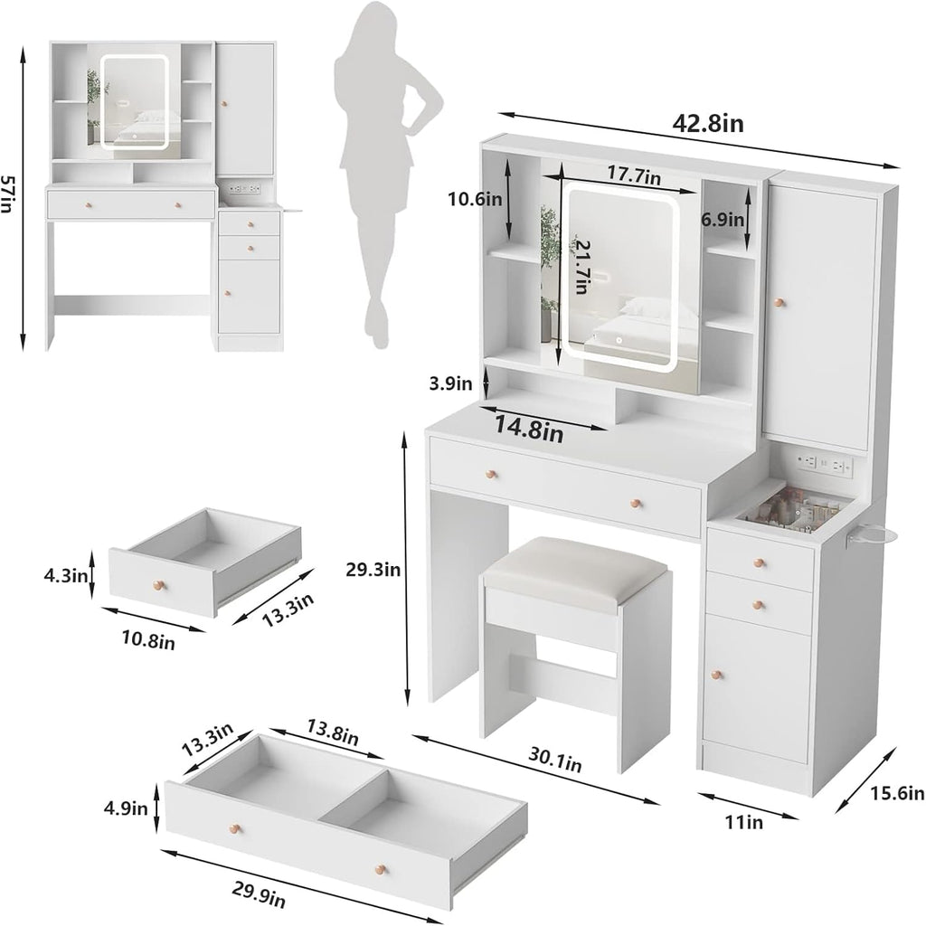 White Vanity Desk with Mirror and Lights, Vanity Table Makeup Vanity with Lights 3 Drawers and Cabinets, Charging Station & Sliding Door, Lots Storage Shelves