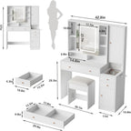 White Vanity Desk with Mirror and Lights, Vanity Table Makeup Vanity with Lights 3 Drawers and Cabinets, Charging Station & Sliding Door, Lots Storage Shelves