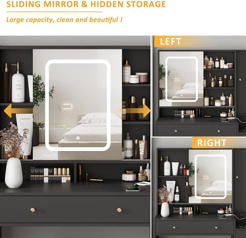 White Vanity Desk with Mirror and Lights, Vanity Table Makeup Vanity with Lights 3 Drawers and Cabinets, Charging Station & Sliding Door, Lots Storage Shelves