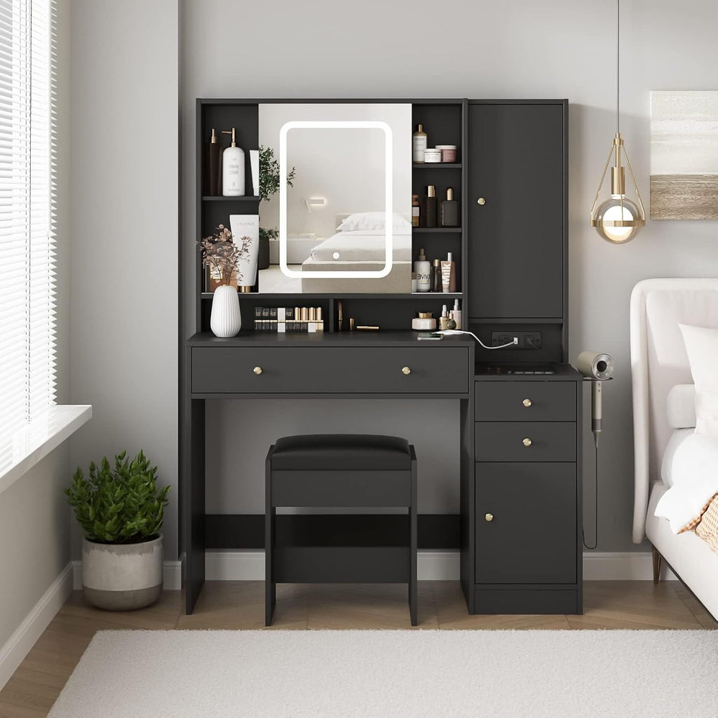 White Vanity Desk with Mirror and Lights, Vanity Table Makeup Vanity with Lights 3 Drawers and Cabinets, Charging Station & Sliding Door, Lots Storage Shelves