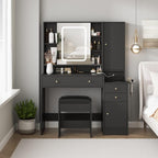 White Vanity Desk with Mirror and Lights, Vanity Table Makeup Vanity with Lights 3 Drawers and Cabinets, Charging Station & Sliding Door, Lots Storage Shelves