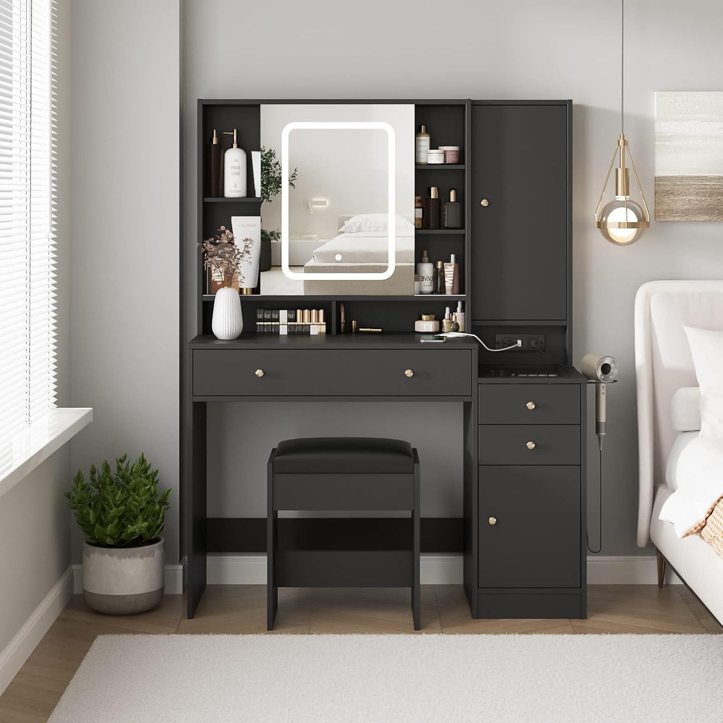 White Vanity Desk with Mirror and Lights, Vanity Table Makeup Vanity with Lights 3 Drawers and Cabinets, Charging Station & Sliding Door, Lots Storage Shelves