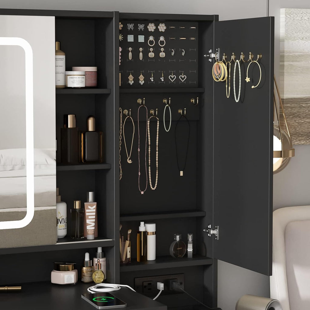 White Vanity Desk with Mirror and Lights, Vanity Table Makeup Vanity with Lights 3 Drawers and Cabinets, Charging Station & Sliding Door, Lots Storage Shelves