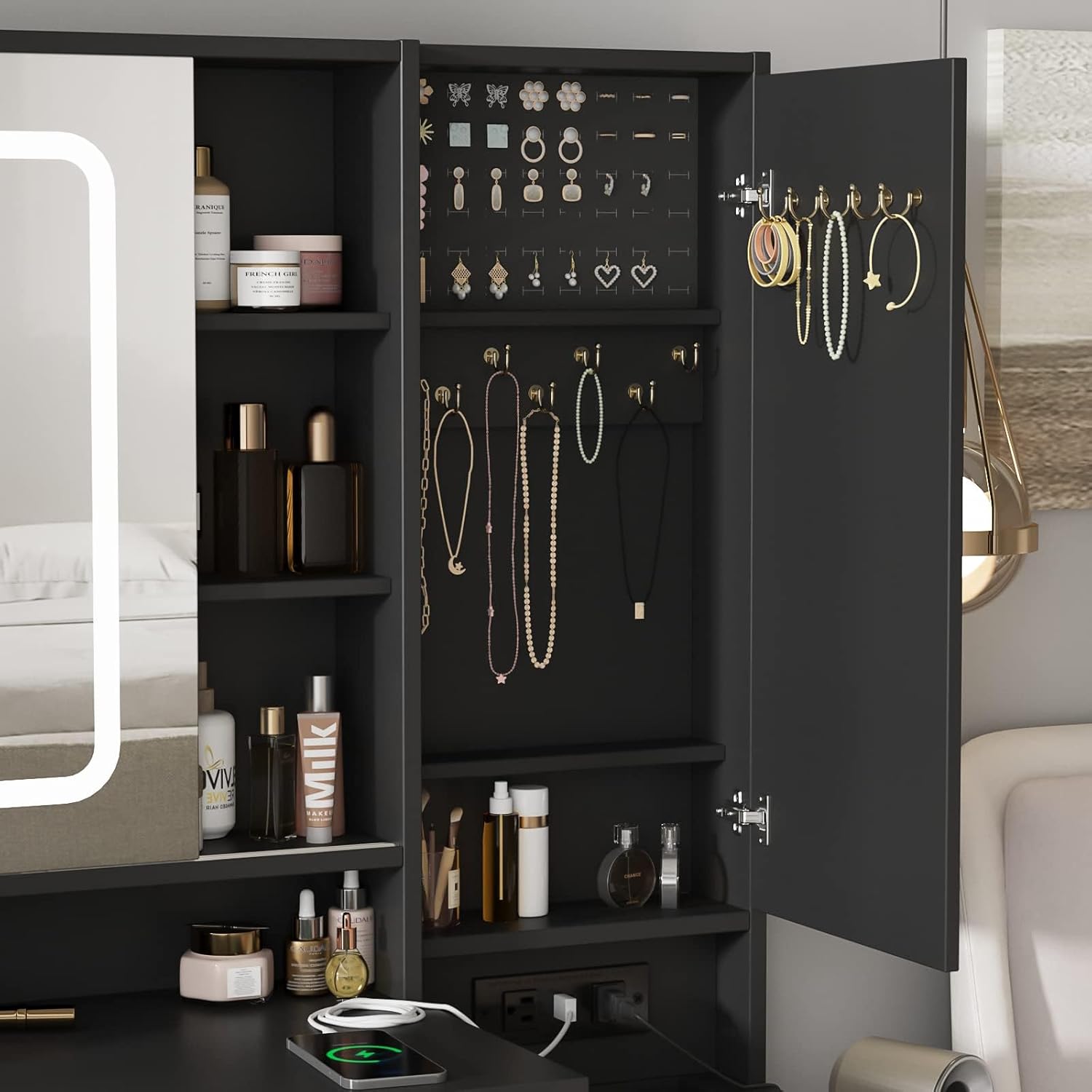 White Vanity Desk with Mirror and Lights, Vanity Table Makeup Vanity with Lights 3 Drawers and Cabinets, Charging Station & Sliding Door, Lots Storage Shelves