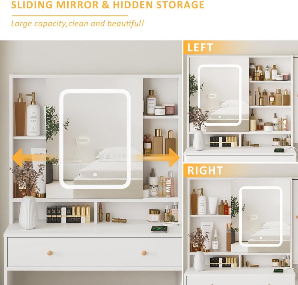 White Vanity Desk with Mirror and Lights, Vanity Table Makeup Vanity with Lights 3 Drawers and Cabinets, Charging Station & Sliding Door, Lots Storage Shelves