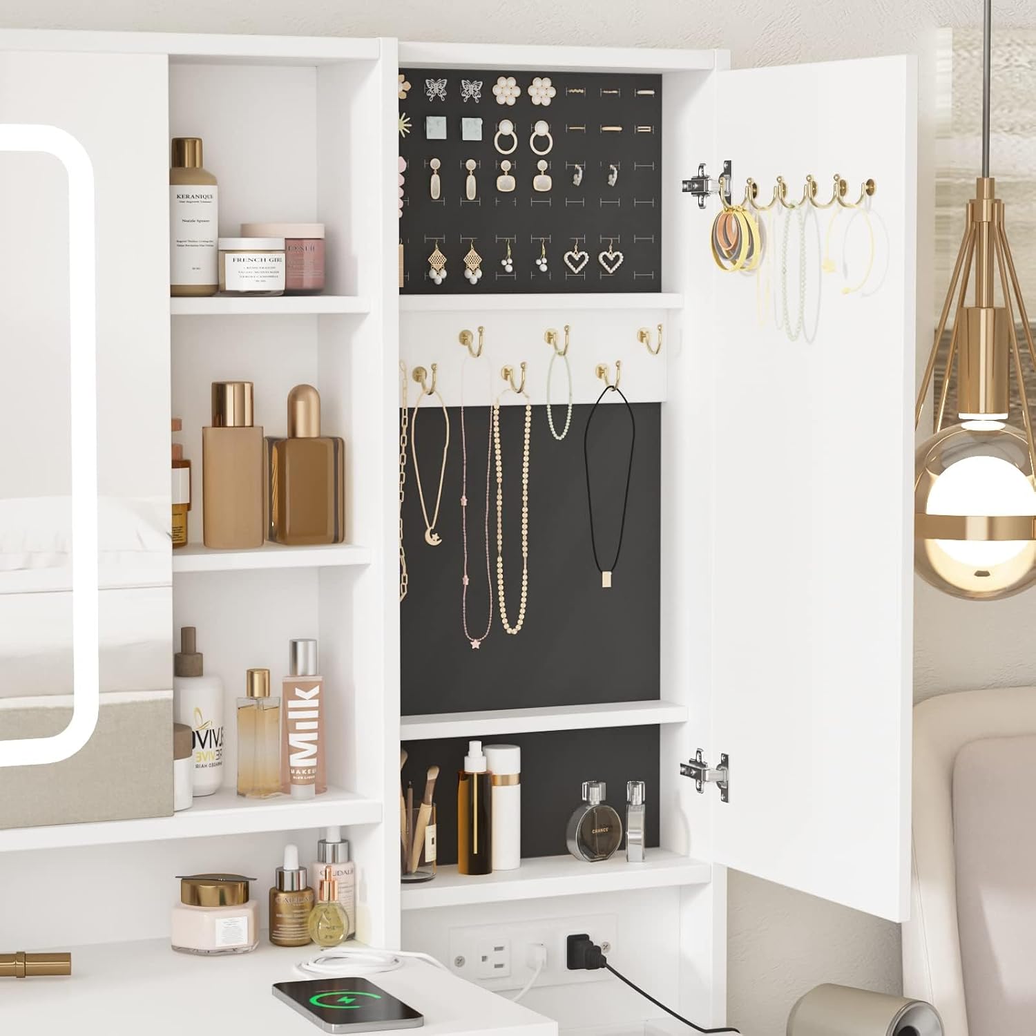 White Vanity Desk with Mirror and Lights, Vanity Table Makeup Vanity with Lights 3 Drawers and Cabinets, Charging Station & Sliding Door, Lots Storage Shelves