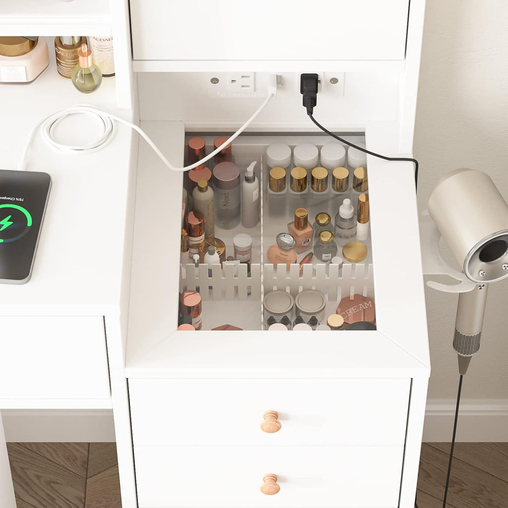 White Vanity Desk with Mirror and Lights, Vanity Table Makeup Vanity with Lights 3 Drawers and Cabinets, Charging Station & Sliding Door, Lots Storage Shelves