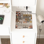 White Vanity Desk with Mirror and Lights, Vanity Table Makeup Vanity with Lights 3 Drawers and Cabinets, Charging Station & Sliding Door, Lots Storage Shelves
