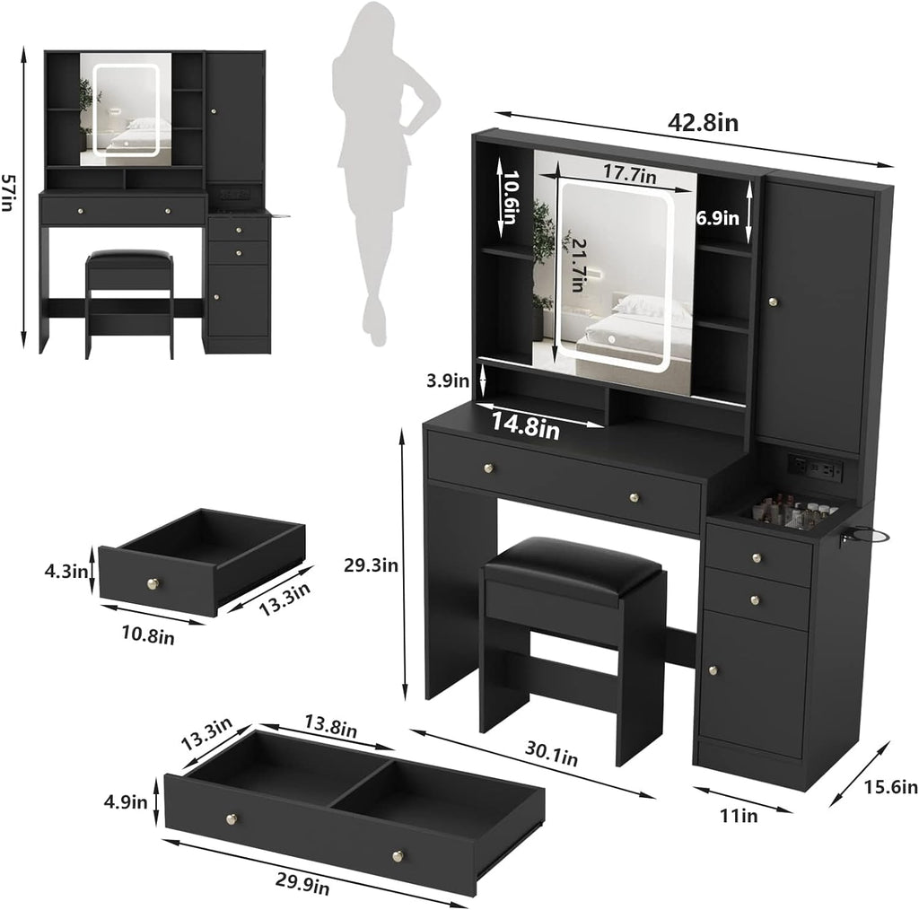 White Vanity Desk with Mirror and Lights, Vanity Table Makeup Vanity with Lights 3 Drawers and Cabinets, Charging Station & Sliding Door, Lots Storage Shelves