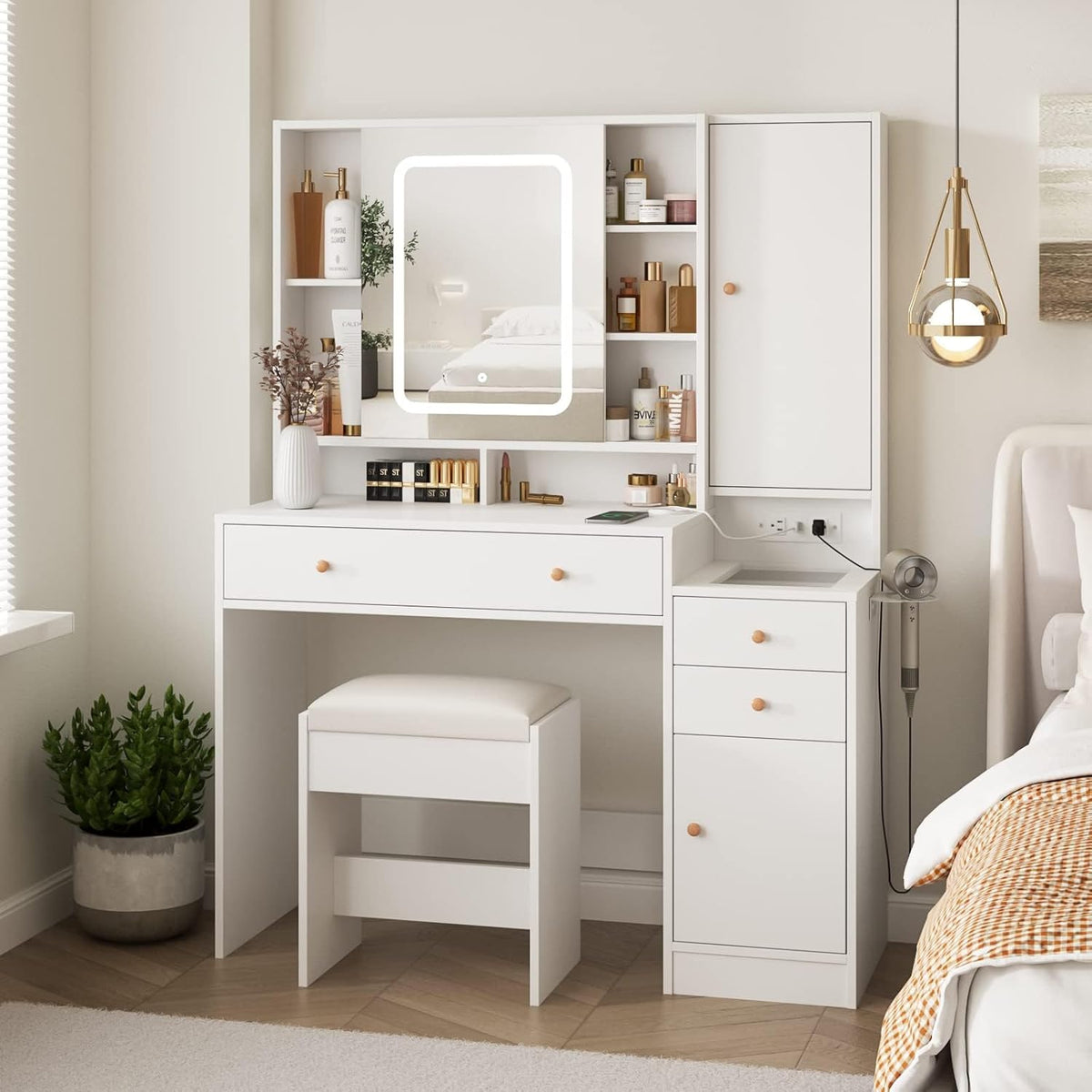 White Vanity Desk with Mirror and Lights, Vanity Table Makeup Vanity with Lights 3 Drawers and Cabinets, Charging Station & Sliding Door, Lots Storage Shelves