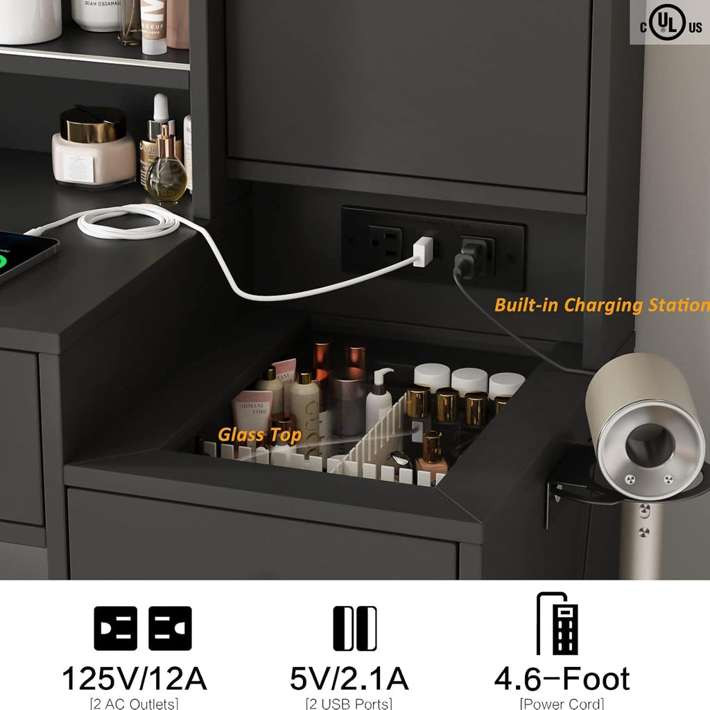 White Vanity Desk with Mirror and Lights, Vanity Table Makeup Vanity with Lights 3 Drawers and Cabinets, Charging Station & Sliding Door, Lots Storage Shelves