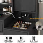 White Vanity Desk with Mirror and Lights, Vanity Table Makeup Vanity with Lights 3 Drawers and Cabinets, Charging Station & Sliding Door, Lots Storage Shelves