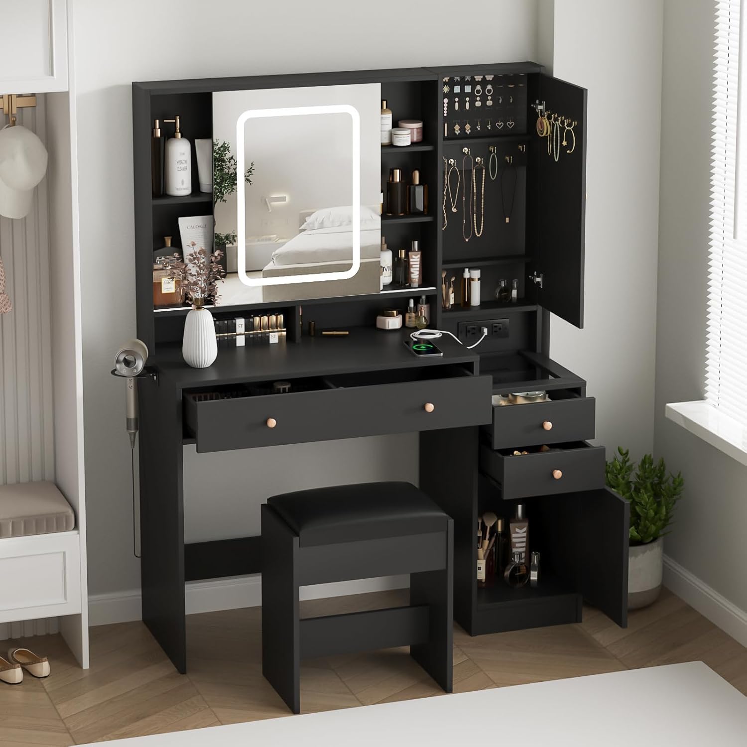White Vanity Desk with Mirror and Lights, Vanity Table Makeup Vanity with Lights 3 Drawers and Cabinets, Charging Station & Sliding Door, Lots Storage Shelves